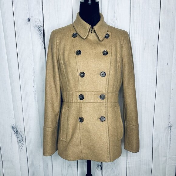 J Crew Coat Womens Sz 8 Tan Wool Blend Double Breasted Peacoat Classic - Picture 1 of 10